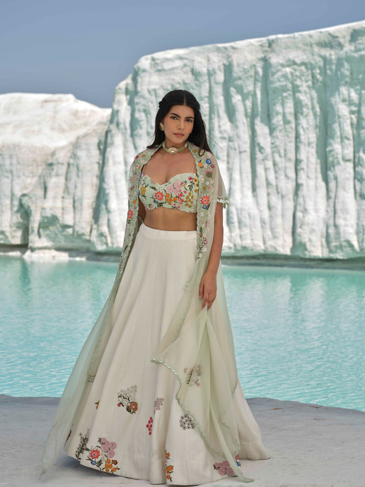 Marisella - Ivory Embroidered Lehenga Set With Cape