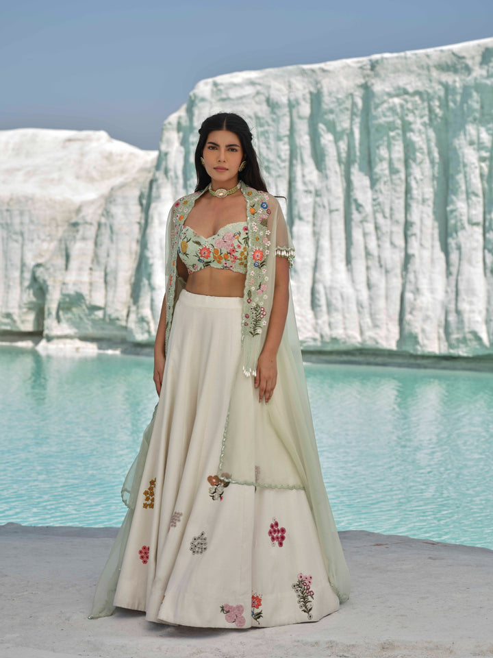 Marisella - Ivory Embroidered Lehenga Set With Cape