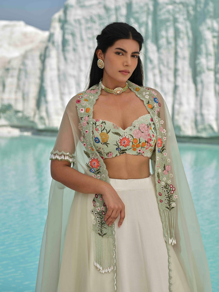 Marisella - Ivory Embroidered Lehenga Set With Cape