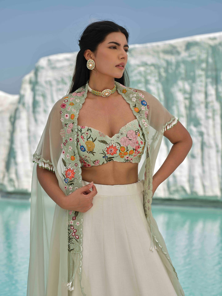 Marisella - Ivory Embroidered Lehenga Set With Cape
