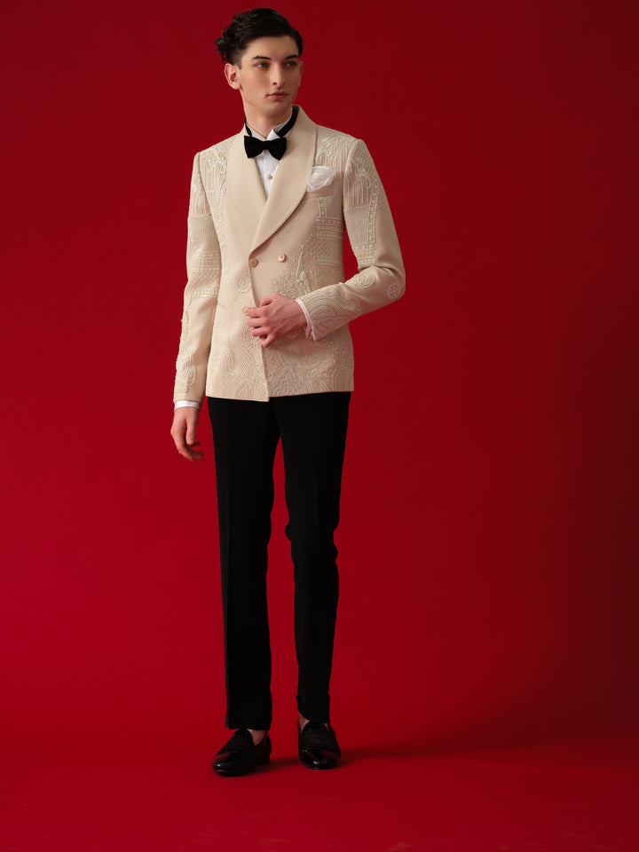 IVORY HAND EMBROIDERD TUXEDO WITH SHAWL LAPEL