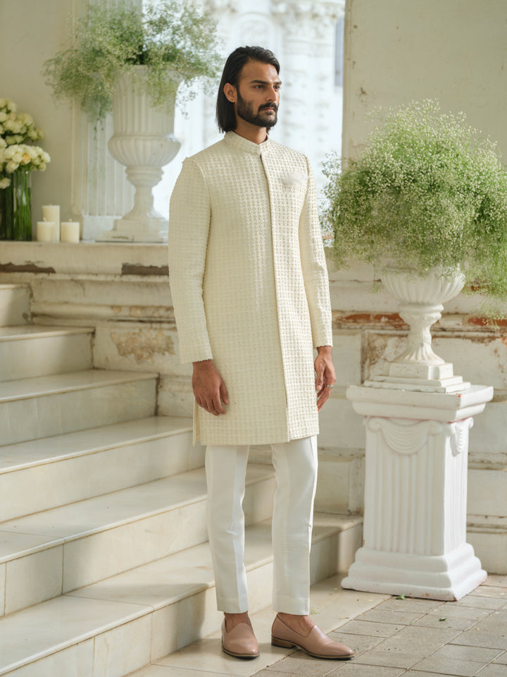 Ivory Hand Embroidered Sherwani Set