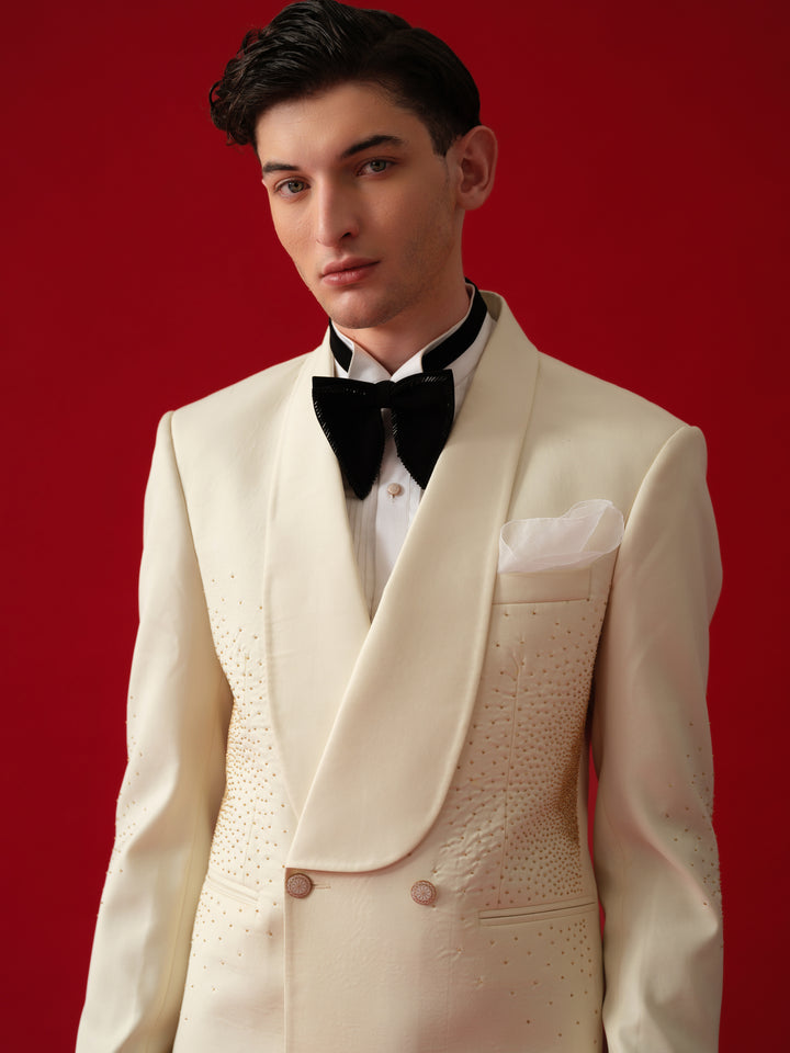 IVORY HAND EMBROIDERD TUXEDO WITH SHAWL LAPEL