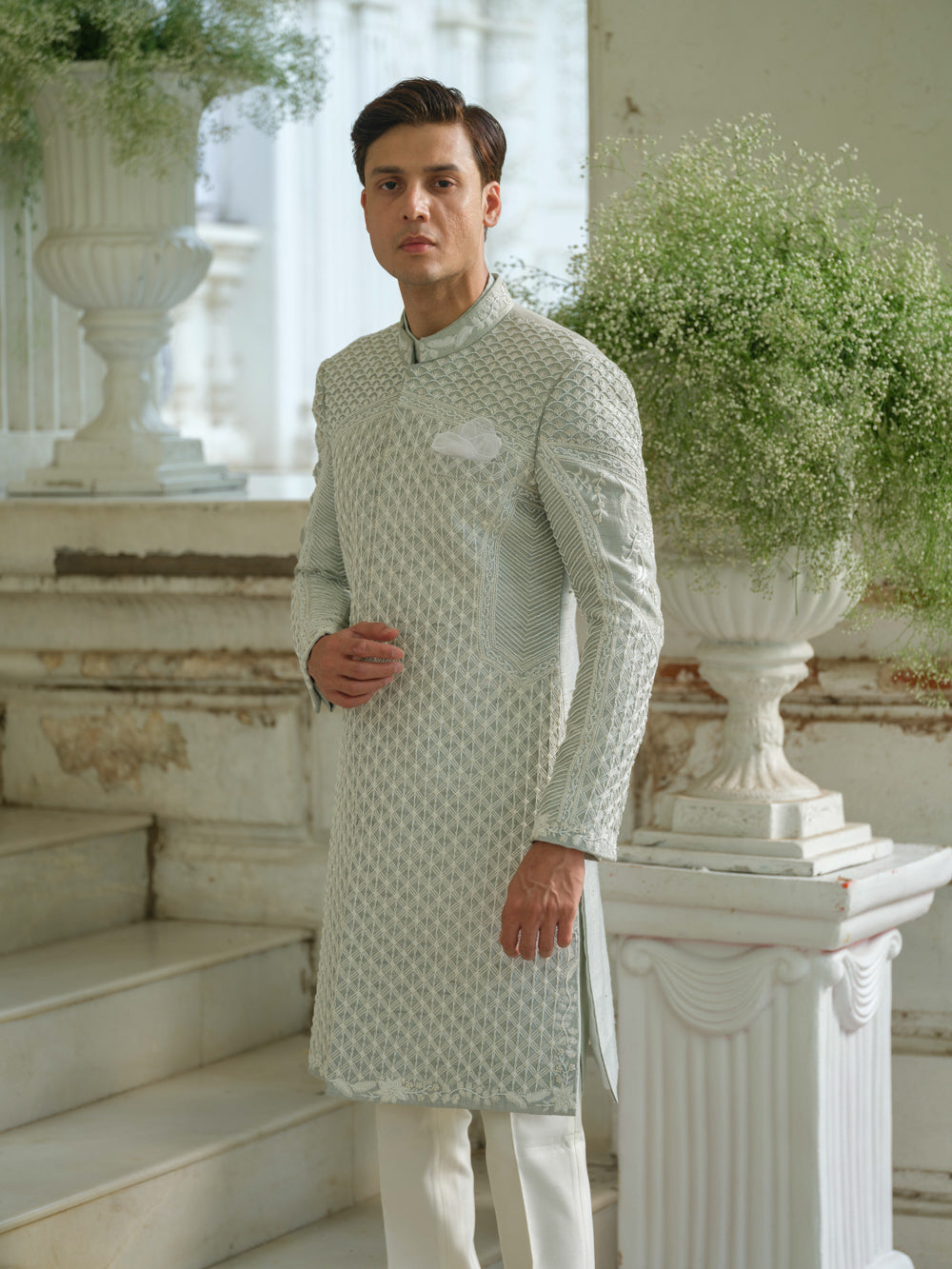 Mint Green Hand Embroidered Sherwani Set