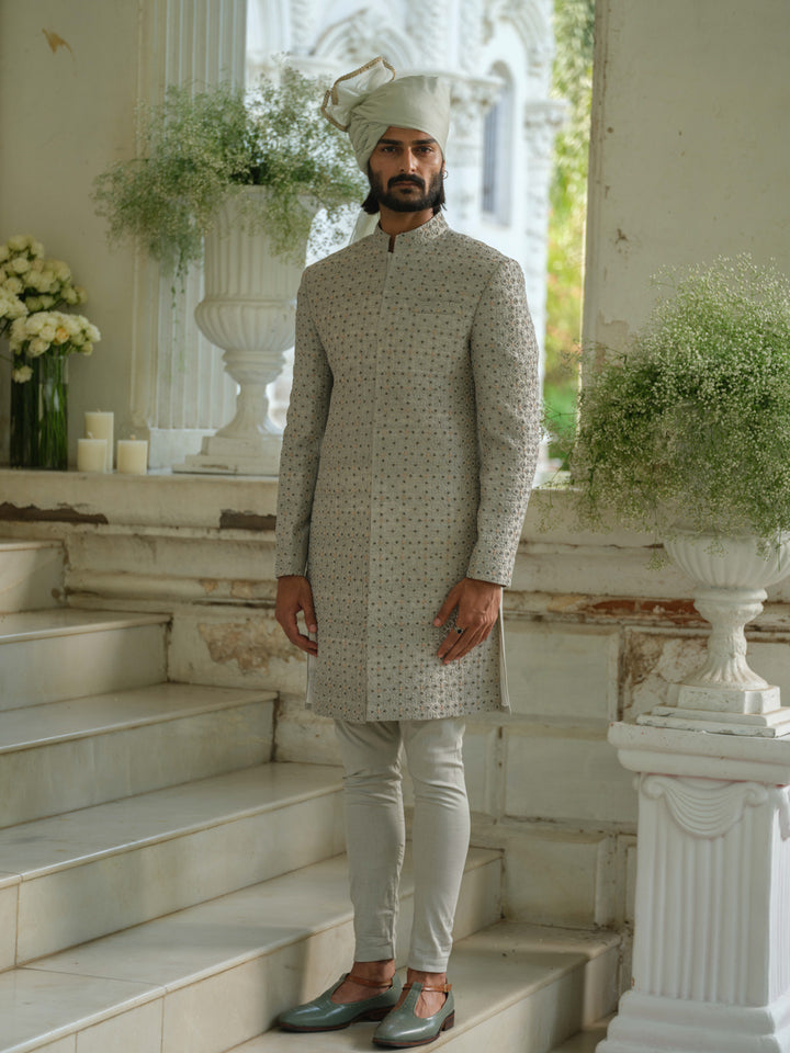 Olive Green Hand Embroidered Sherwani Set