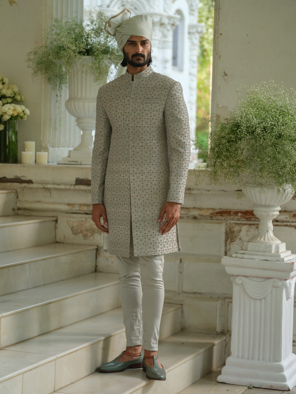 Olive Green Hand Embroidered Sherwani Set