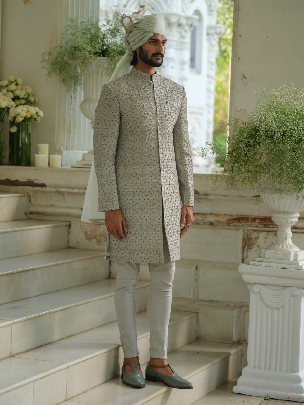 Olive Green Hand Embroidered Sherwani Set