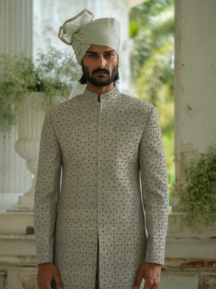 Olive Green Hand Embroidered Sherwani Set