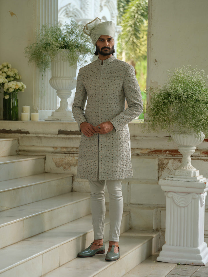 Olive Green Hand Embroidered Sherwani Set