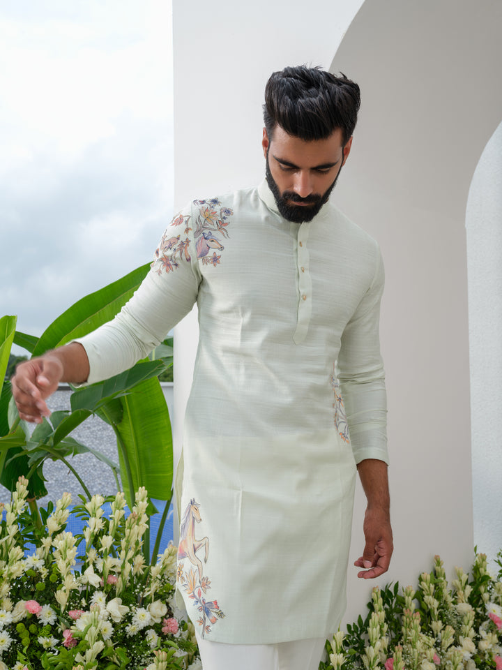 Mint green hand painted kurta set