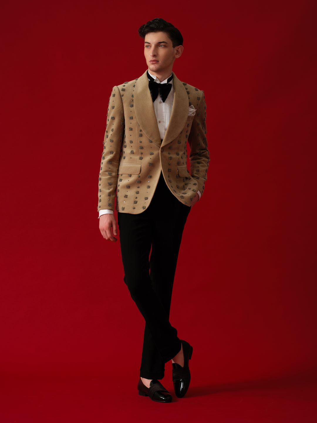 BEIGE HAND EMBROIDERD TUXEDO WITH SHAWL LAPEL