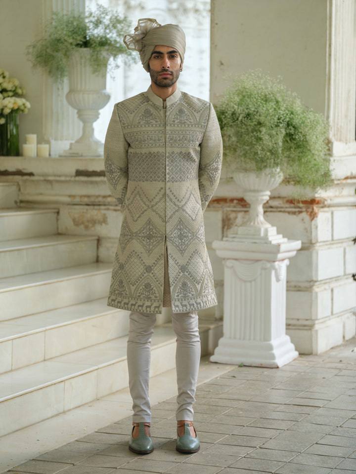 Olive Green Hand Embroidered Sherwani Set