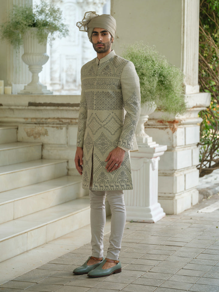 Olive Green Hand Embroidered Sherwani Set