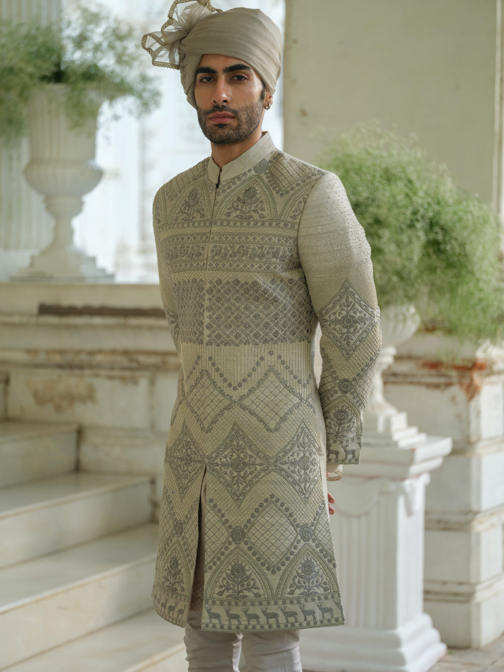 Olive Green Hand Embroidered Sherwani Set