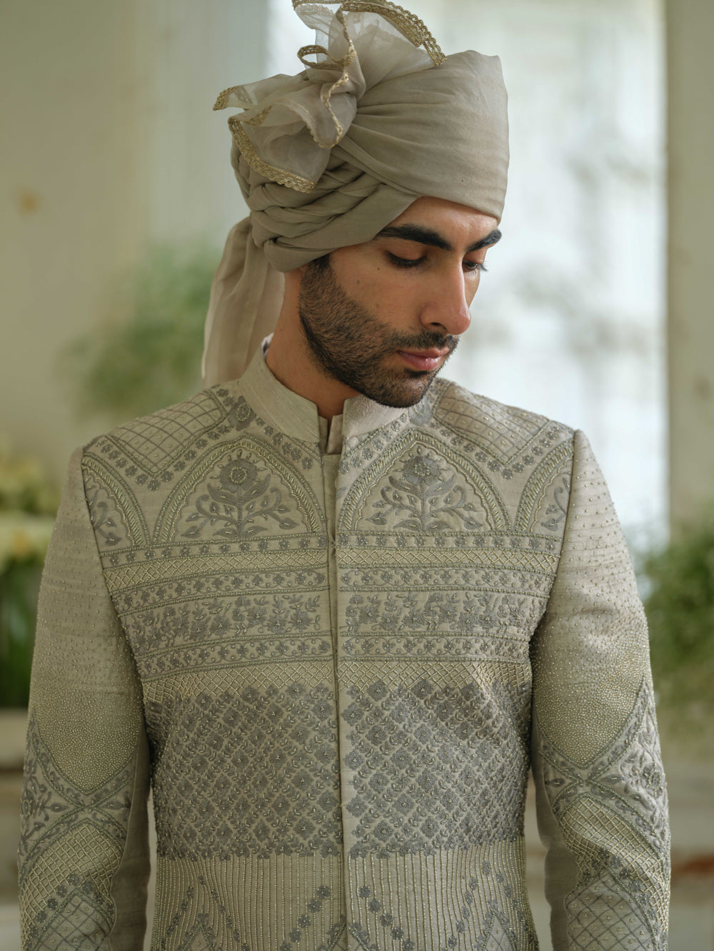 Olive Green Hand Embroidered Sherwani Set