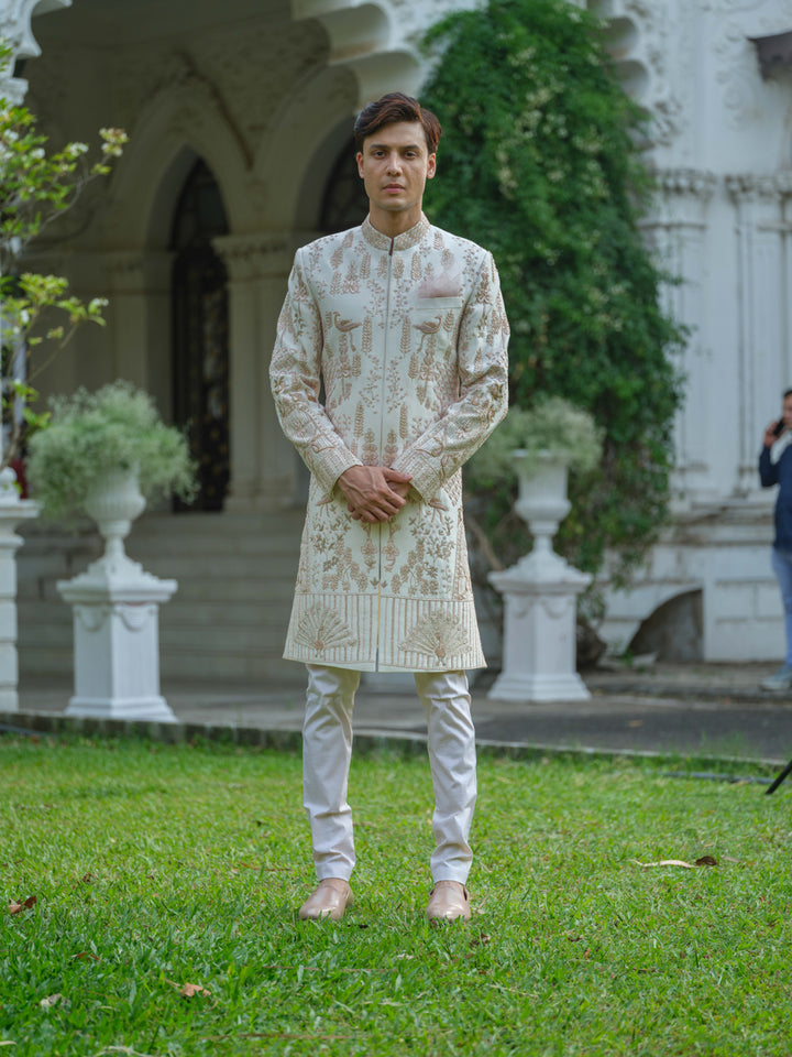 Peach Pink Hand Embroidered Sherwani Set