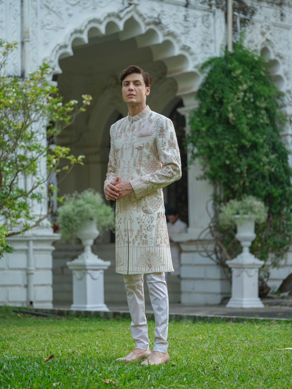 Peach Pink Hand Embroidered Sherwani Set