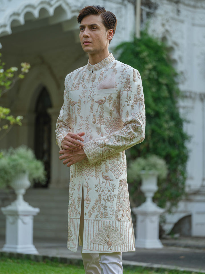 Peach Pink Hand Embroidered Sherwani Set