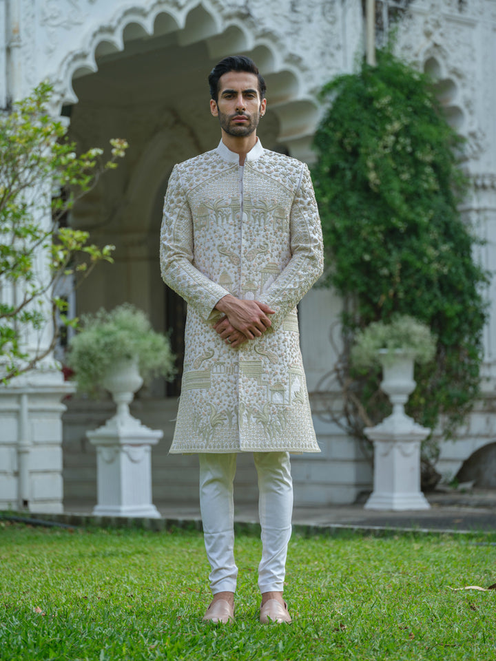 Peach Pink Hand Embroidered Sherwani Set