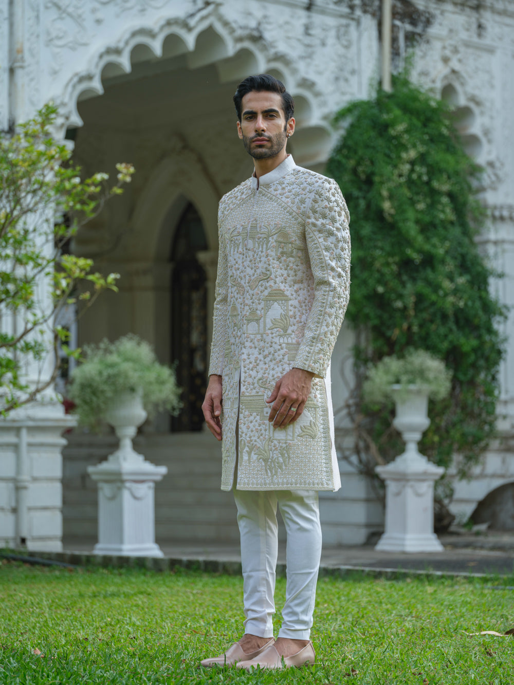 Peach Pink Hand Embroidered Sherwani Set