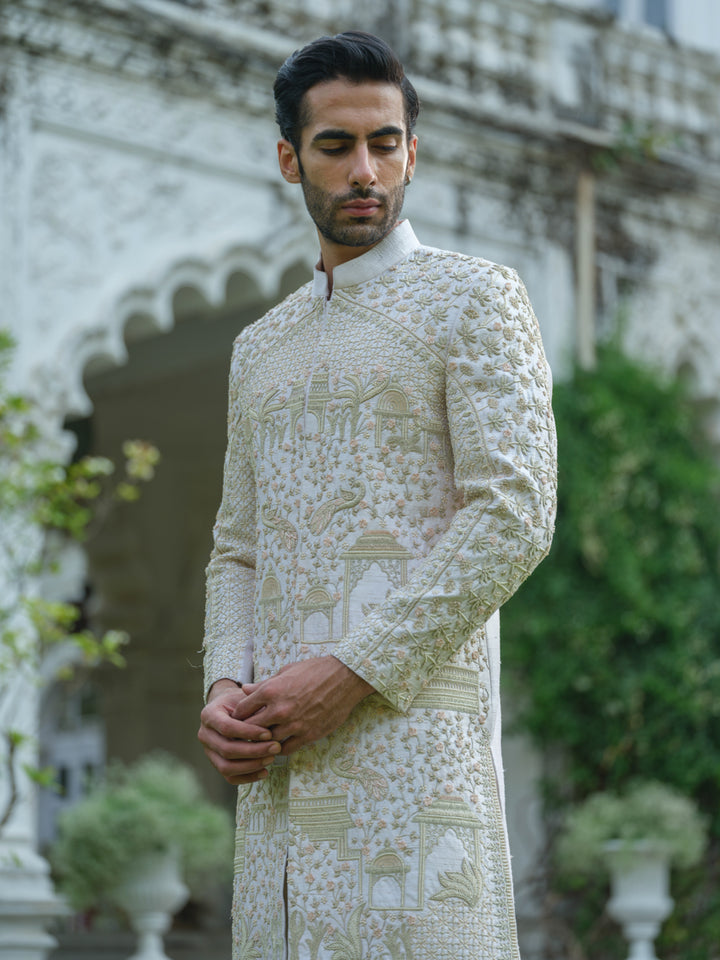 Peach Pink Hand Embroidered Sherwani Set