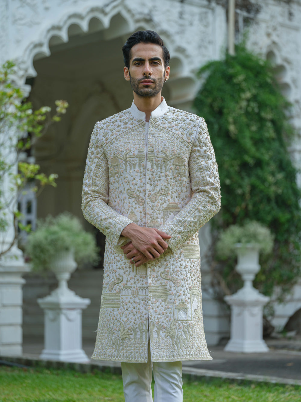 Peach Pink Hand Embroidered Sherwani Set