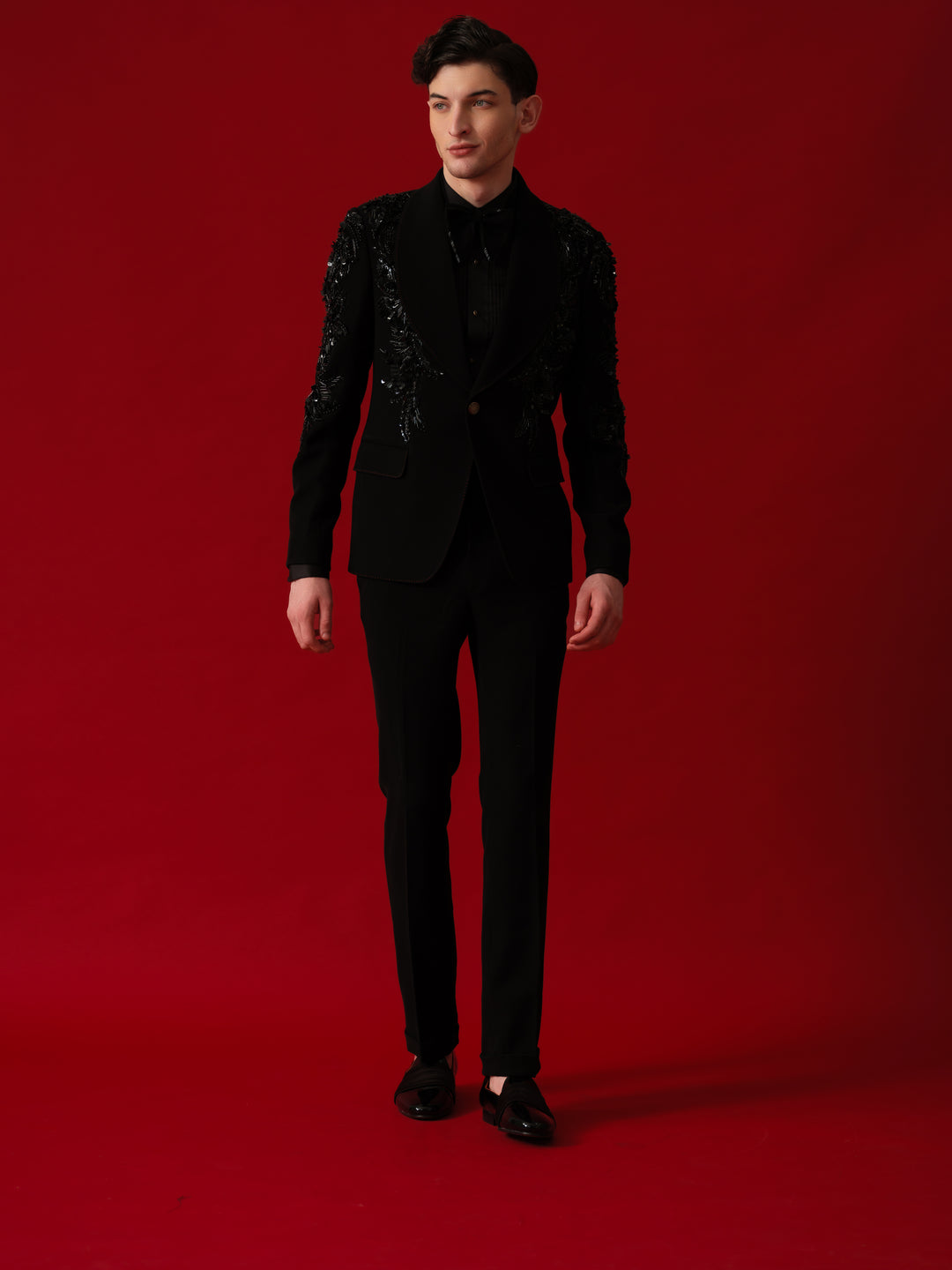 BLACK EMBROIDERED TUXEDO WITH SHAWL LAPEL