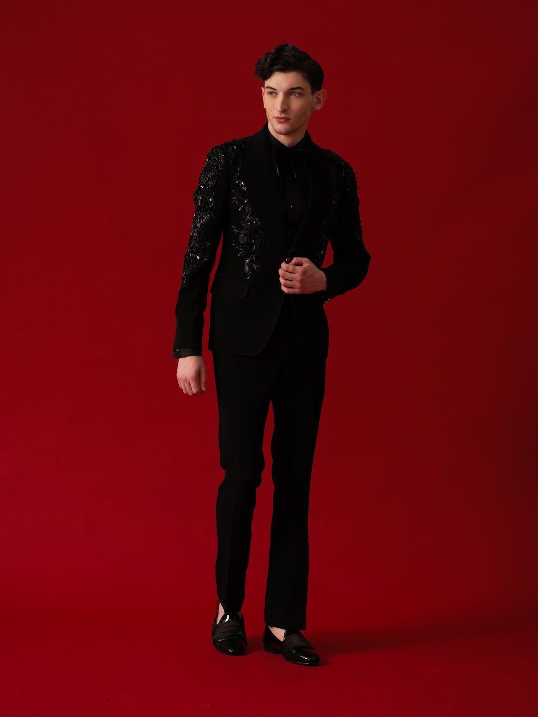 BLACK EMBROIDERED TUXEDO WITH SHAWL LAPEL