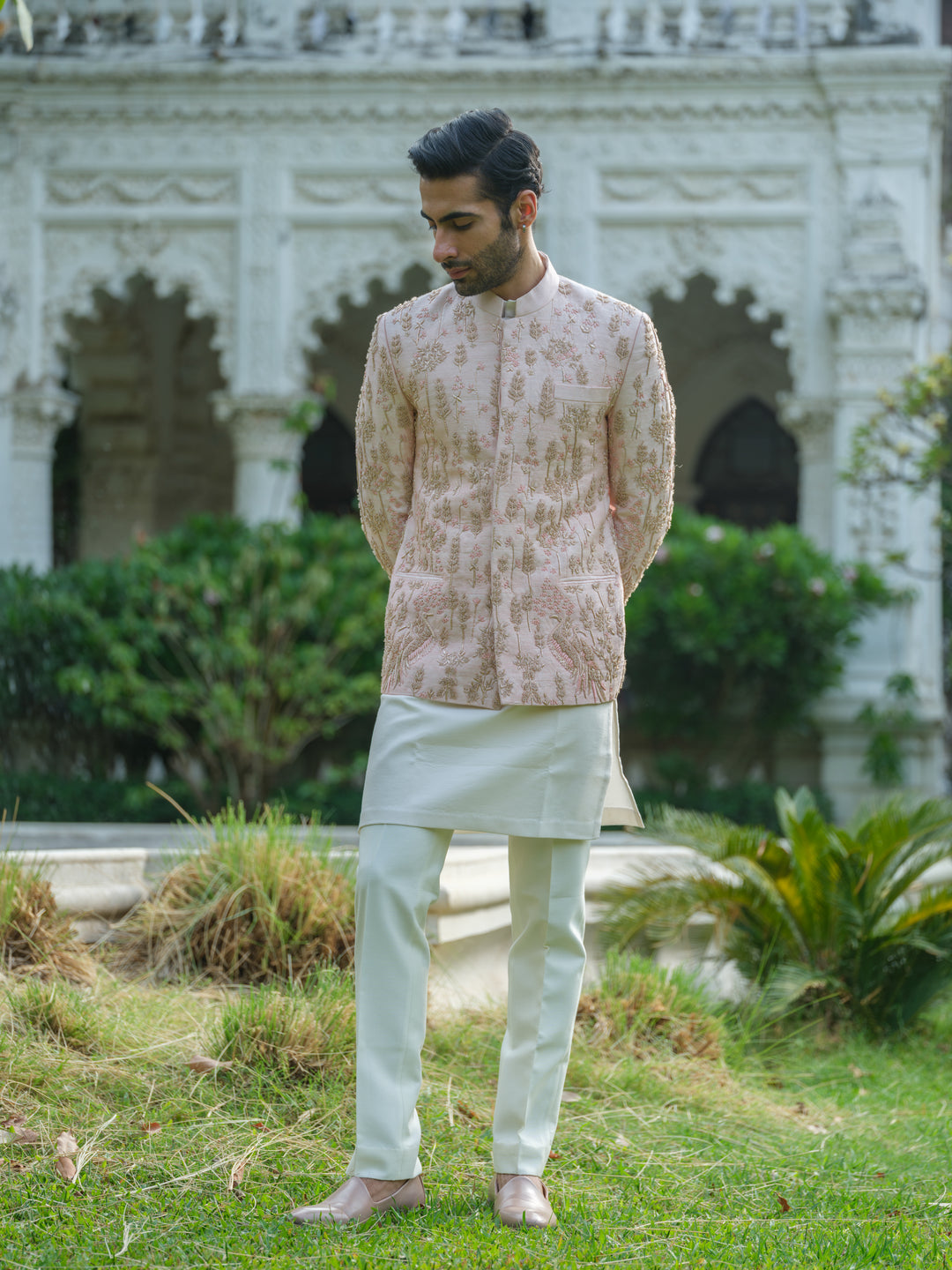 Rose Gold Embroidered Bandhgala Set