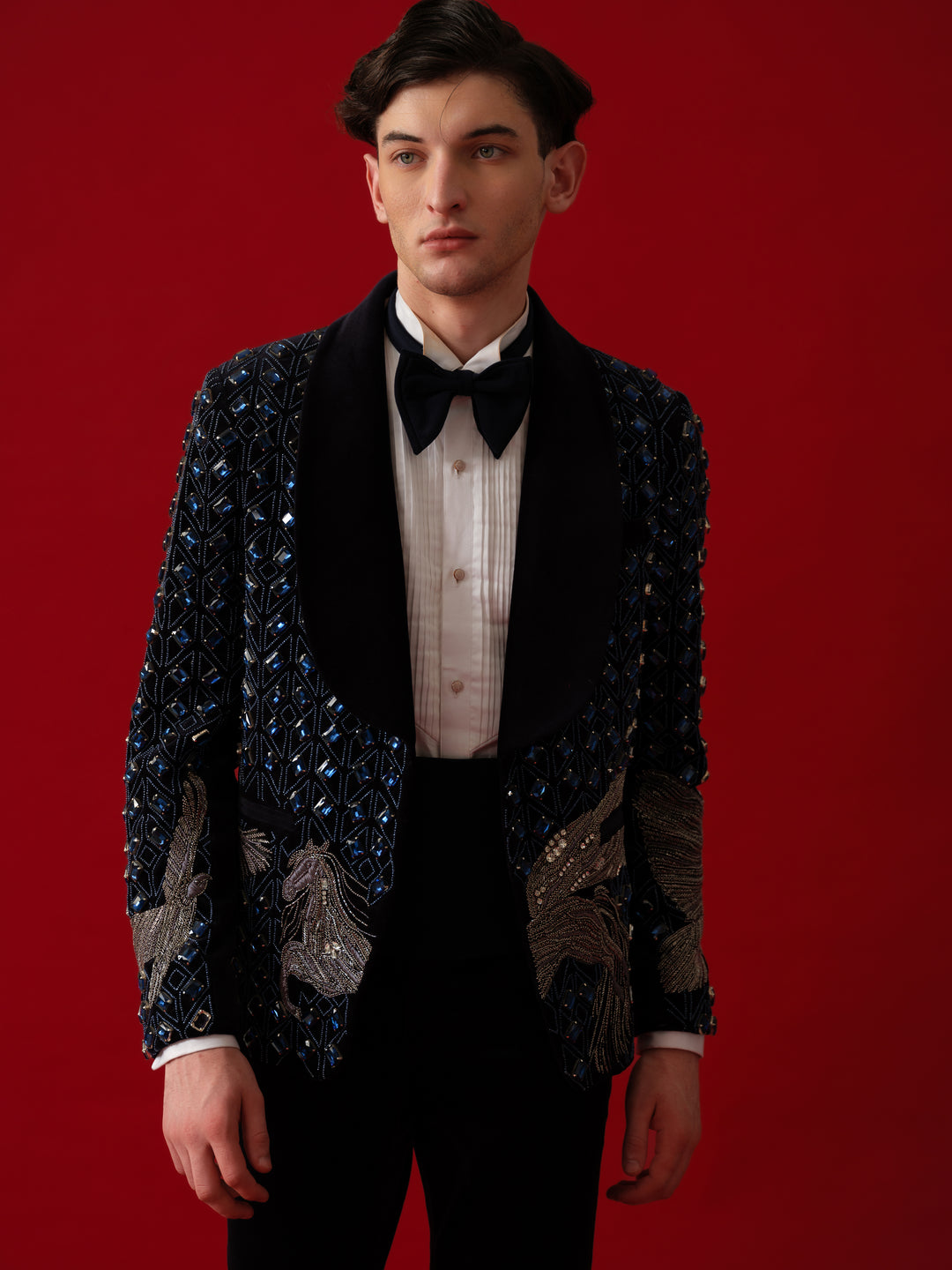 NAVY BLUE EMBROIDERED TUXEDO WITH SHAWL LAPEL