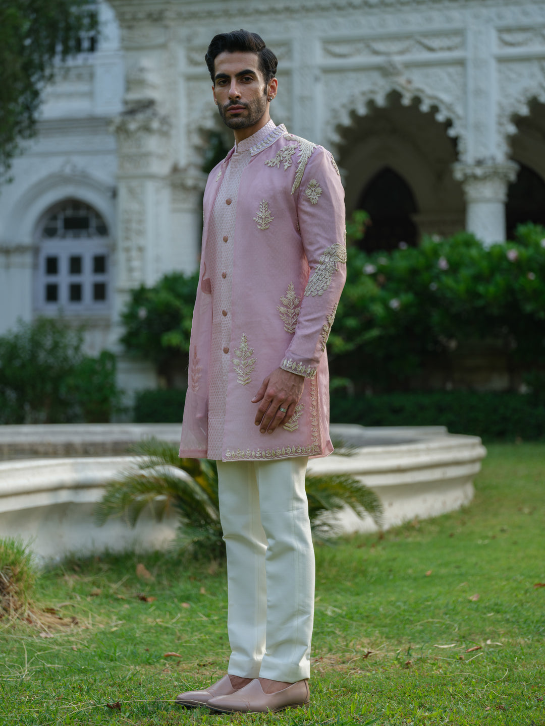 Pink Embroidered Open Jacket Set