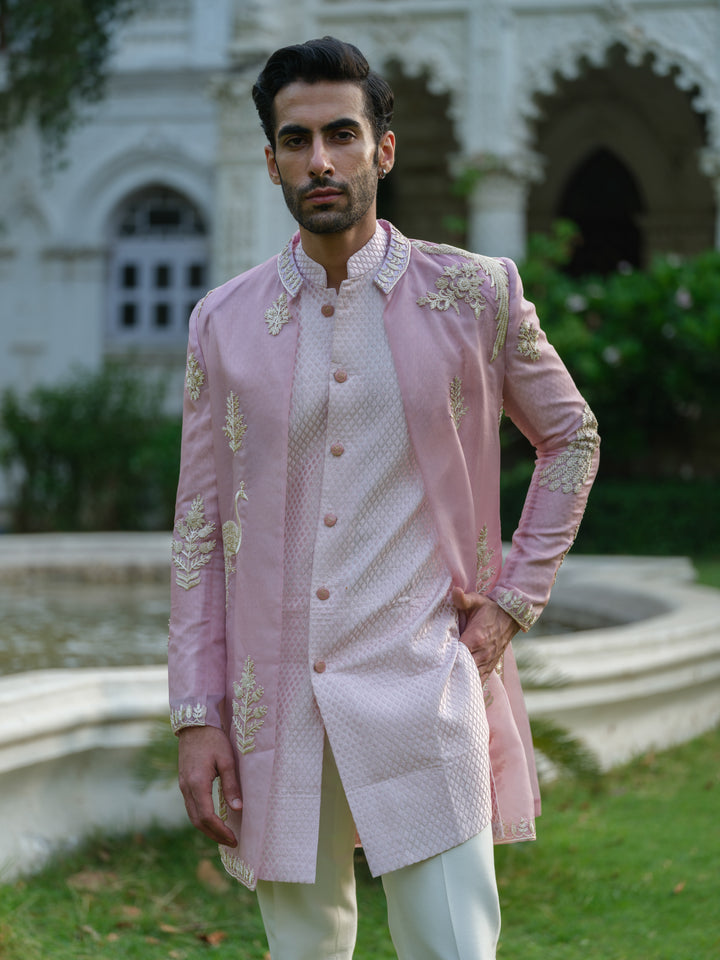 Pink Embroidered Open Jacket Set