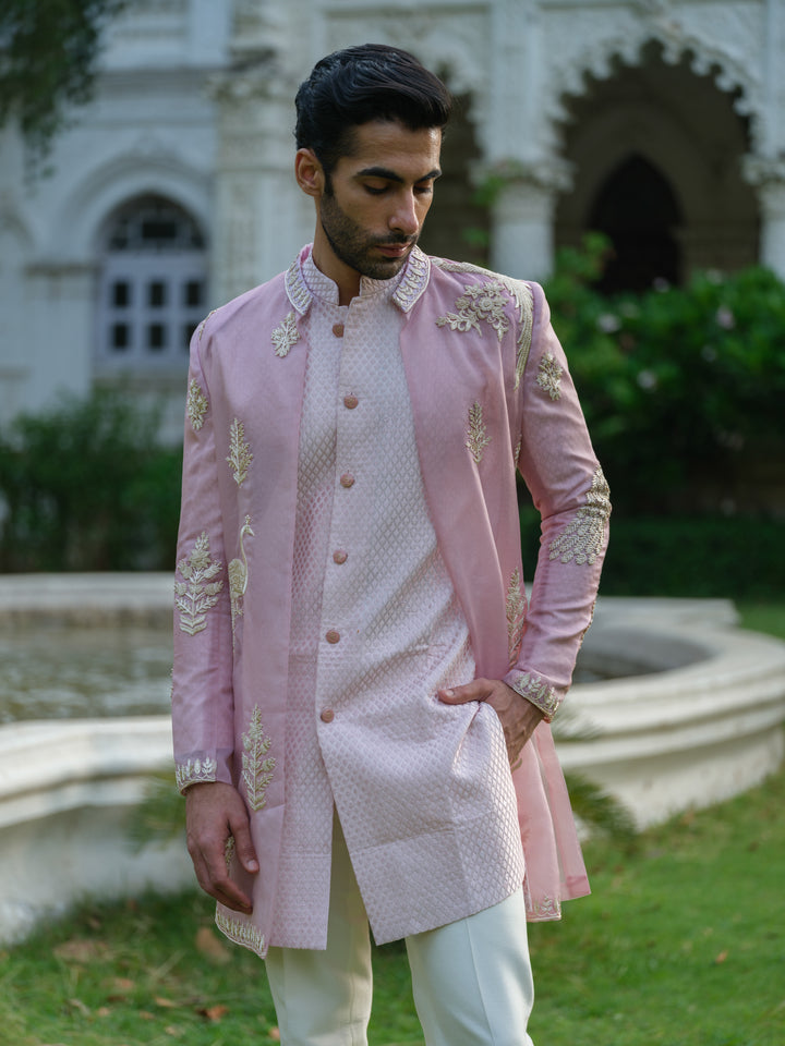 Pink Embroidered Open Jacket Set