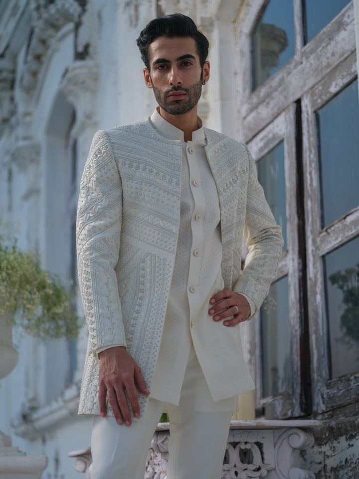 Ivory Hand Embroidered Open Jacket Set