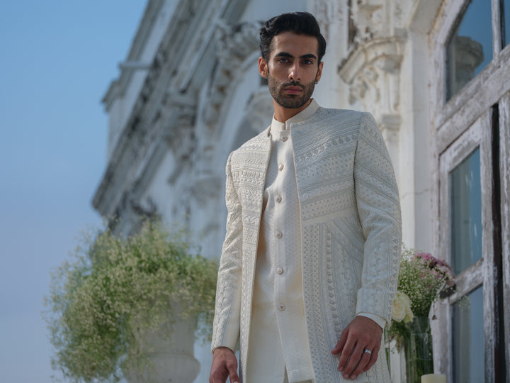 Ivory Hand Embroidered Open Jacket Set