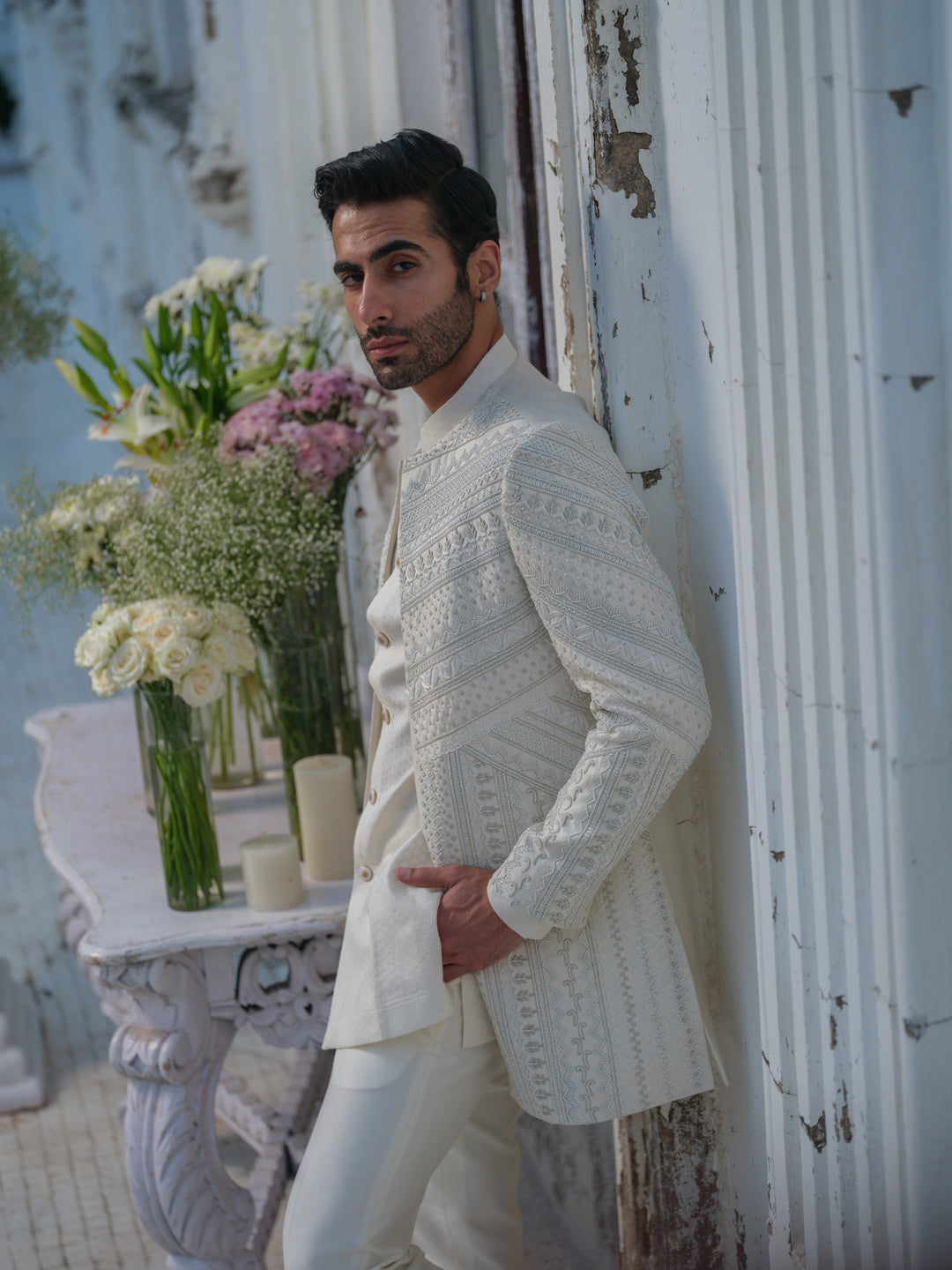 Ivory Hand Embroidered Open Jacket Set