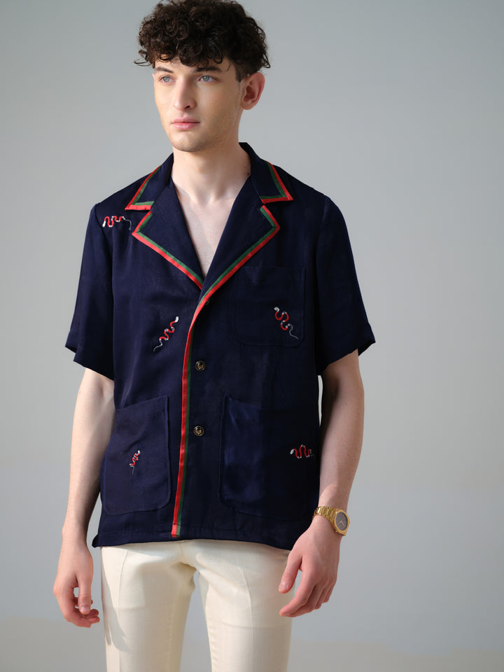 BLUE EMBROIDED BOX FIT SHIRT