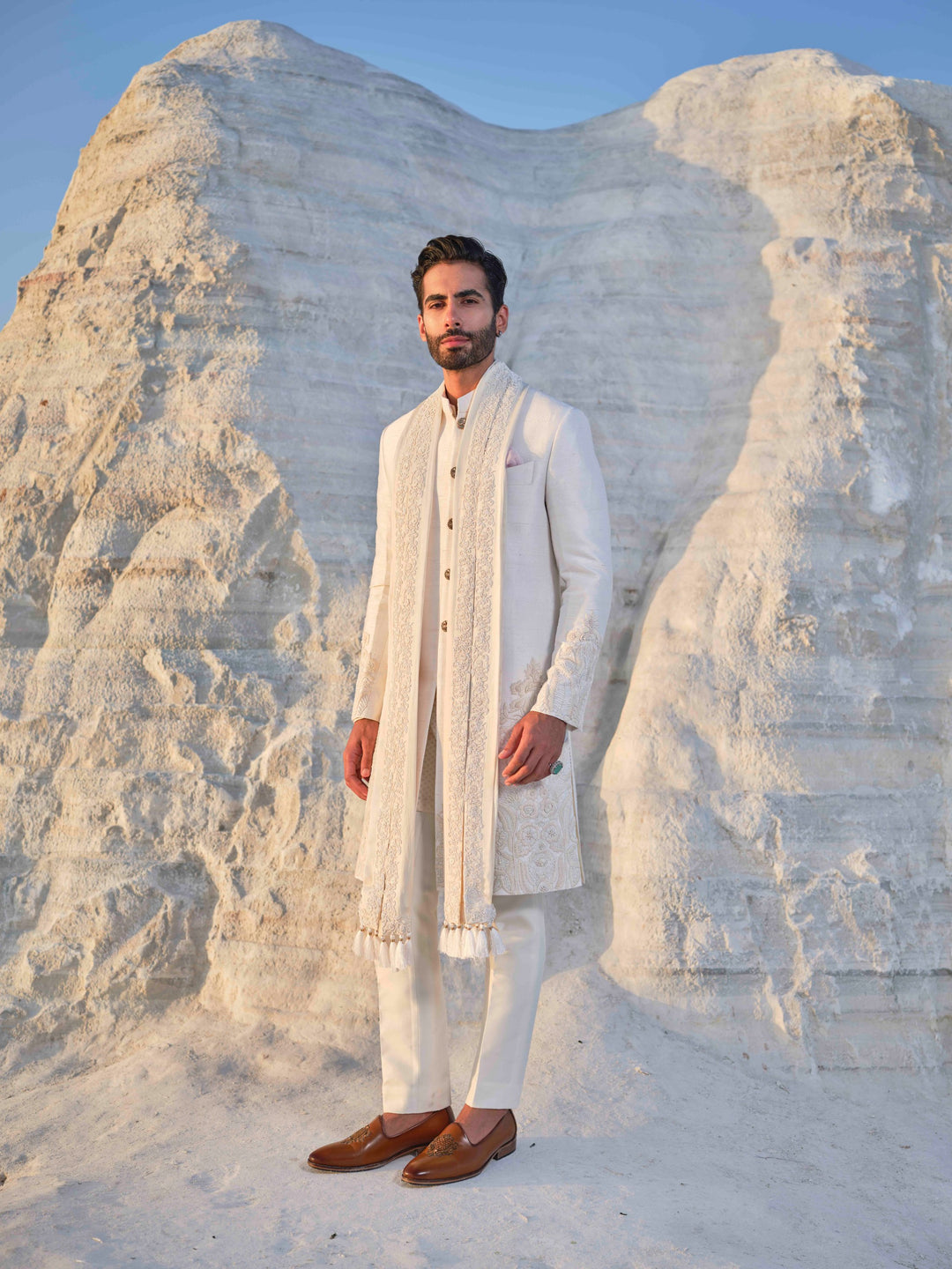 Jade - Ivory Tonal Sherwani with Pleated stole