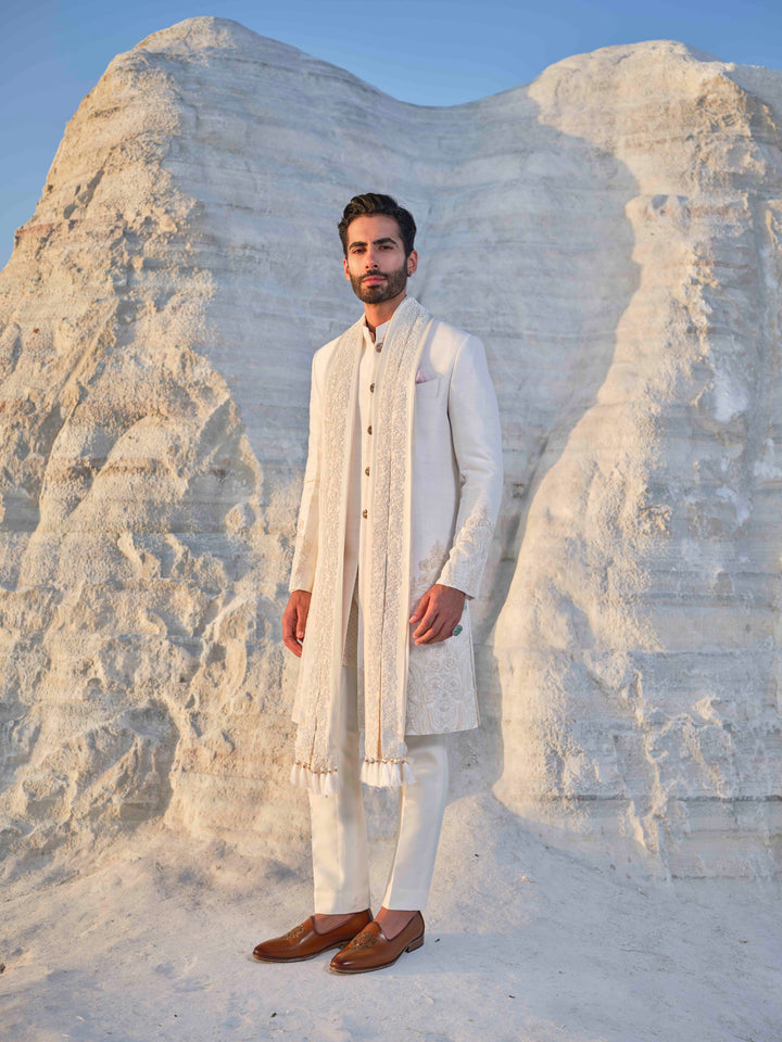 Jade - Ivory Tonal Sherwani with Pleated stole