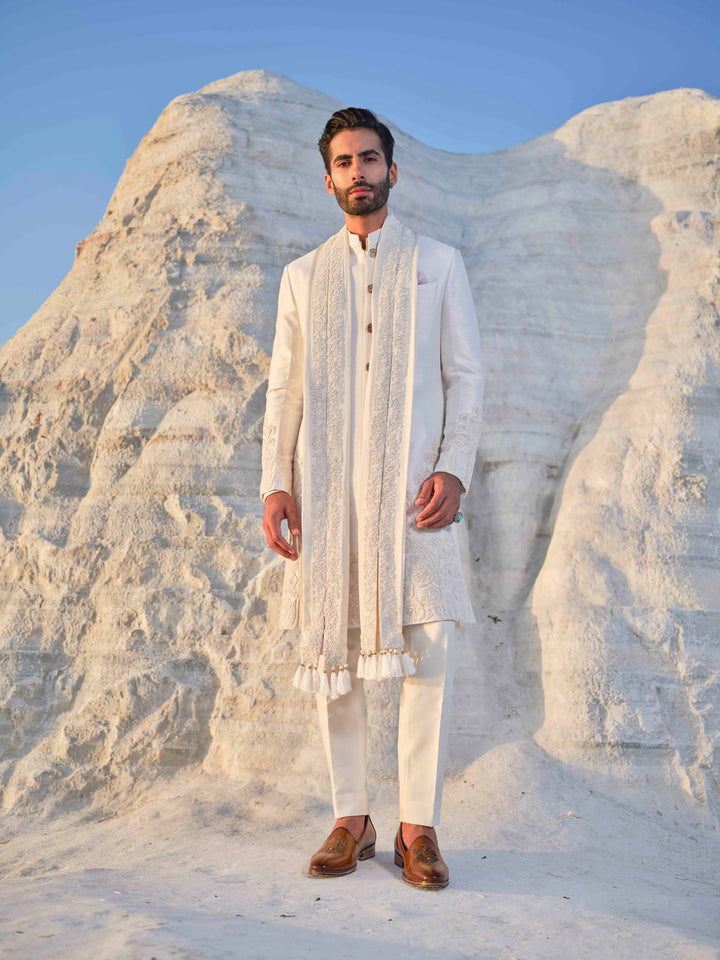 Jade - Ivory Tonal Sherwani with Pleated stole