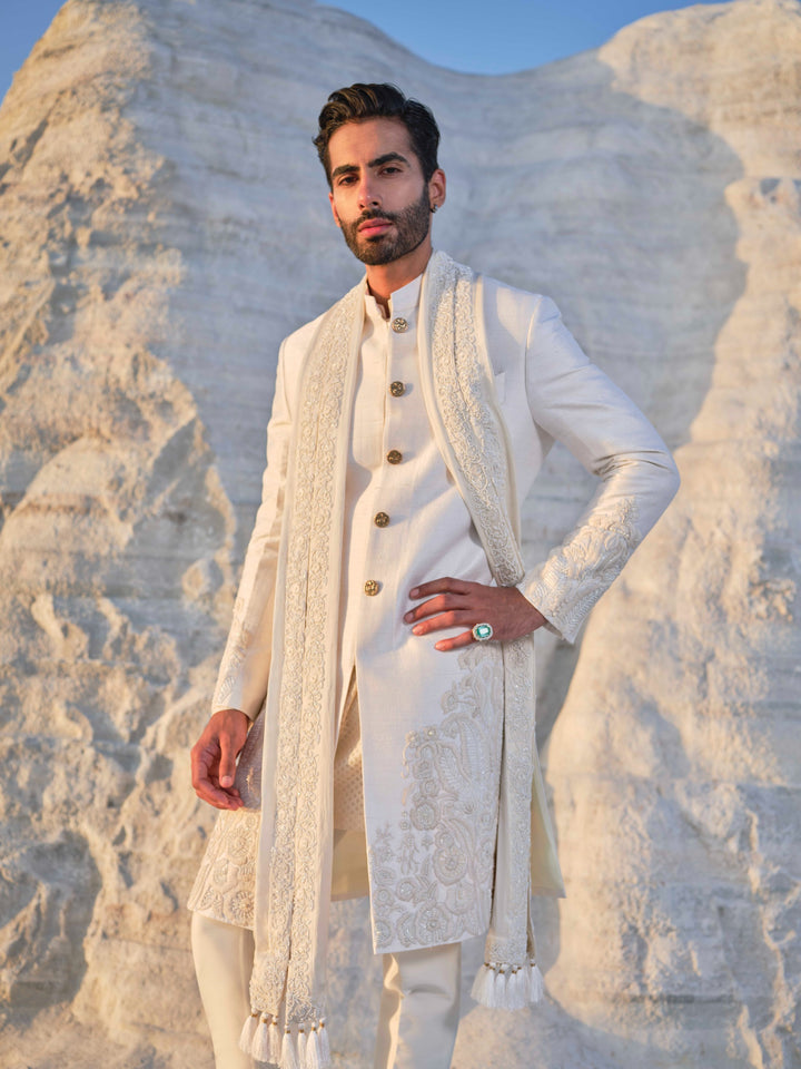 Jade - Ivory Tonal Sherwani with Pleated stole