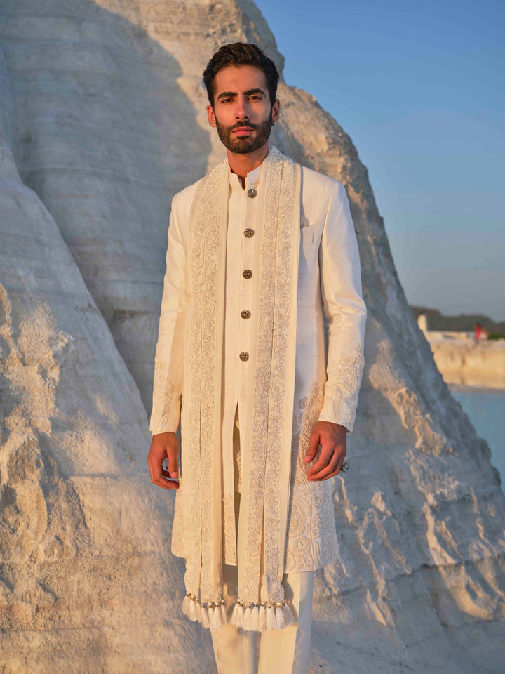 Jade - Ivory Tonal Sherwani with Pleated stole