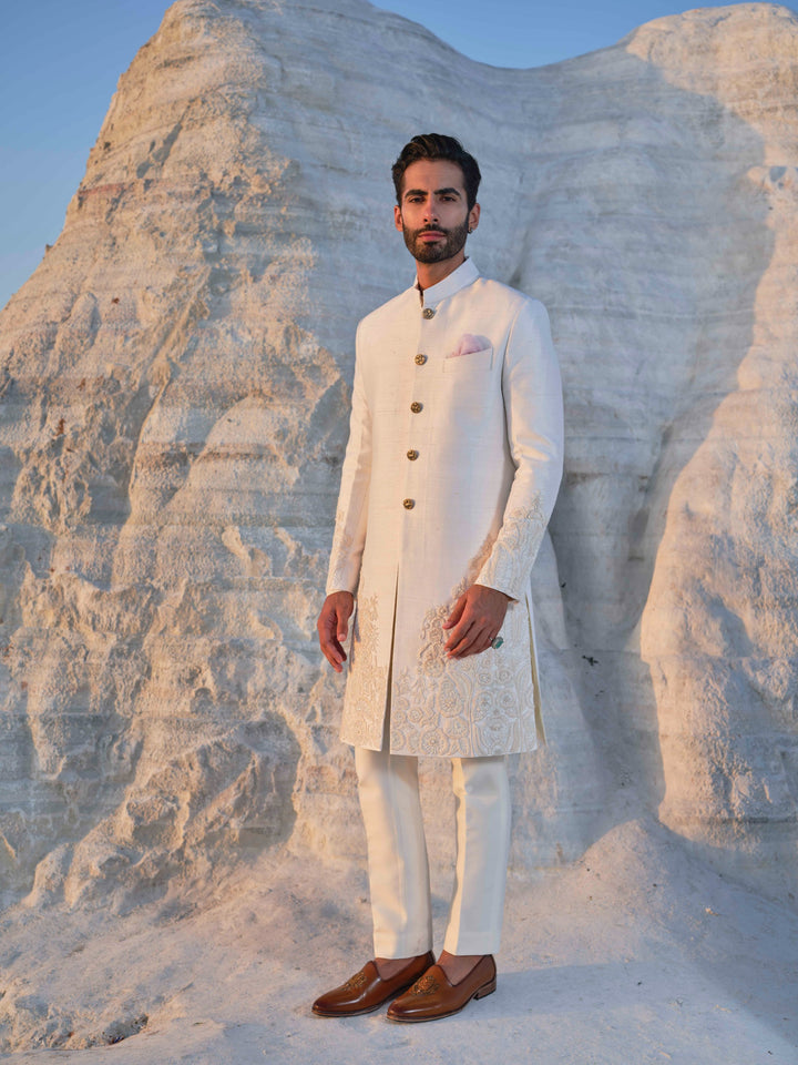 Jade - Ivory Tonal Sherwani with Pleated stole