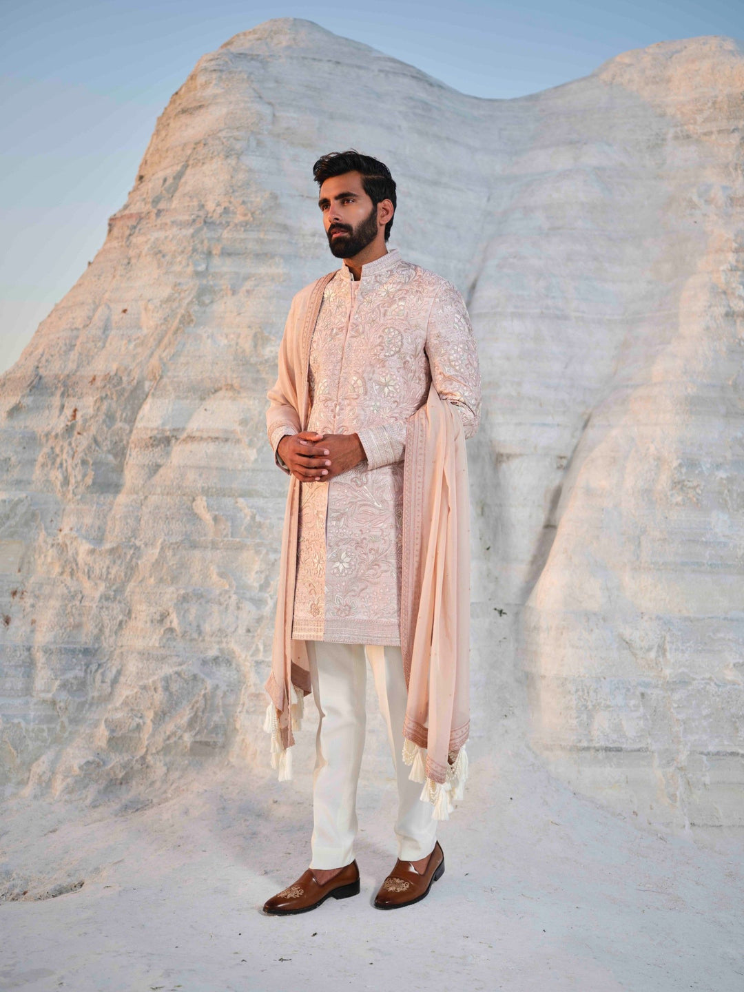 Rose Empire - Rosegold Floral Sherwani With Embroidered Stole