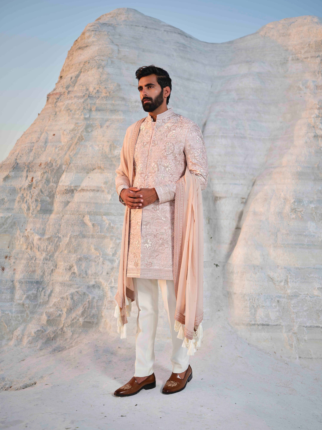 Rose Empire - Rosegold Floral Sherwani With Embroidered Stole