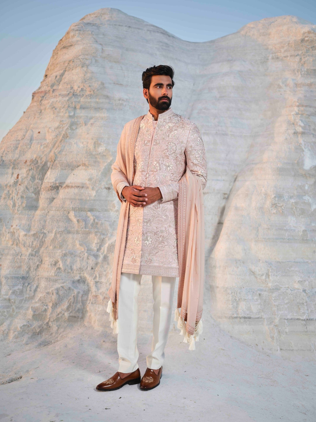 Rose Empire - Rosegold Floral Sherwani With Embroidered Stole