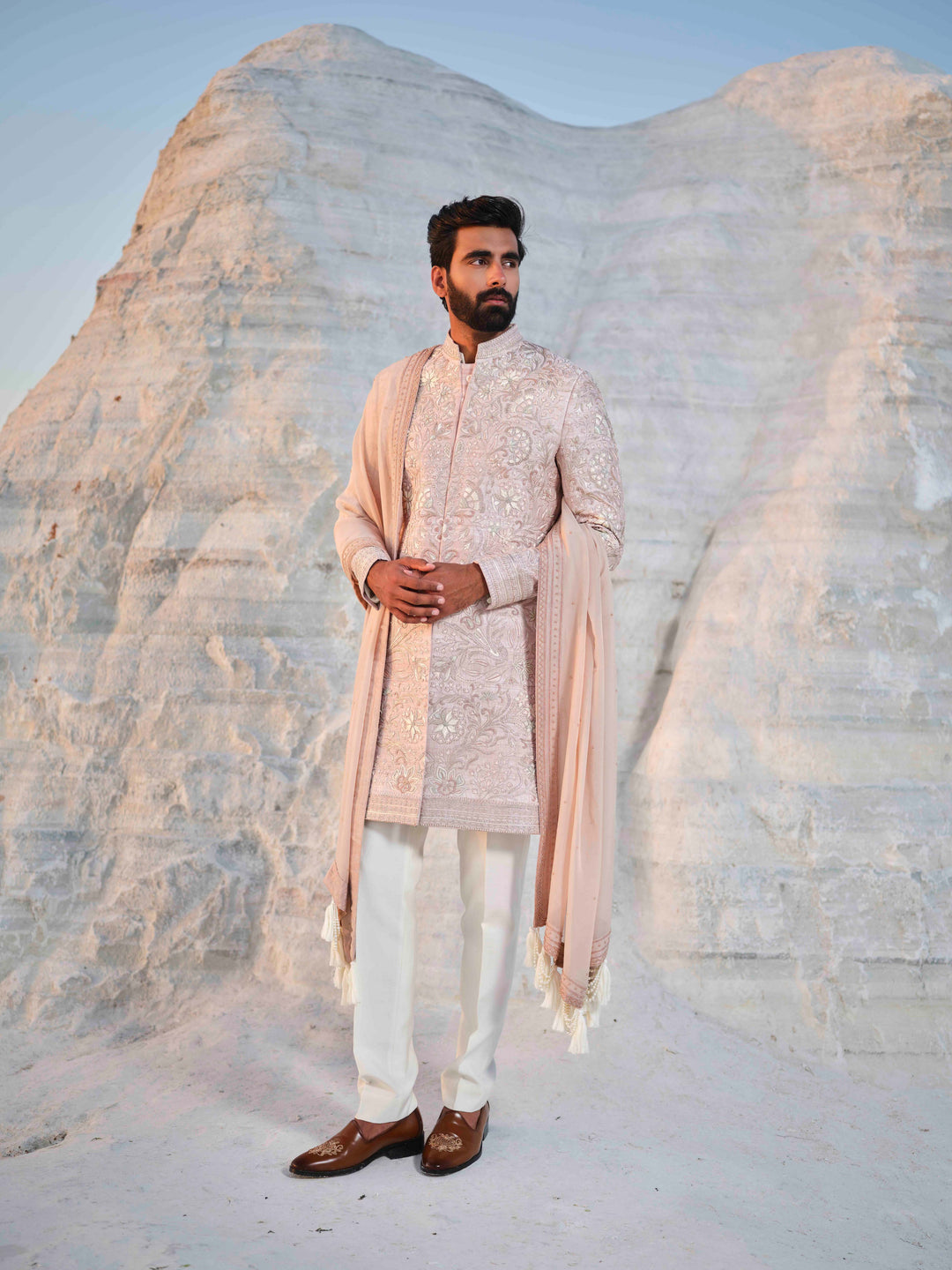 Rose Empire - Rosegold Floral Sherwani With Embroidered Stole