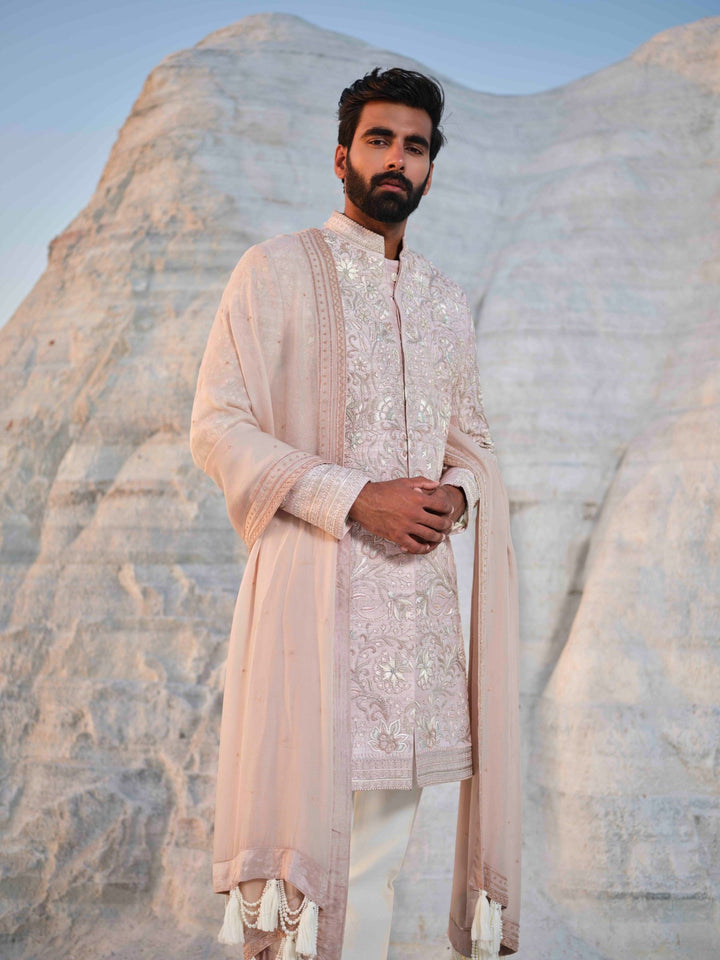 Rose Empire - Rosegold Floral Sherwani With Embroidered Stole