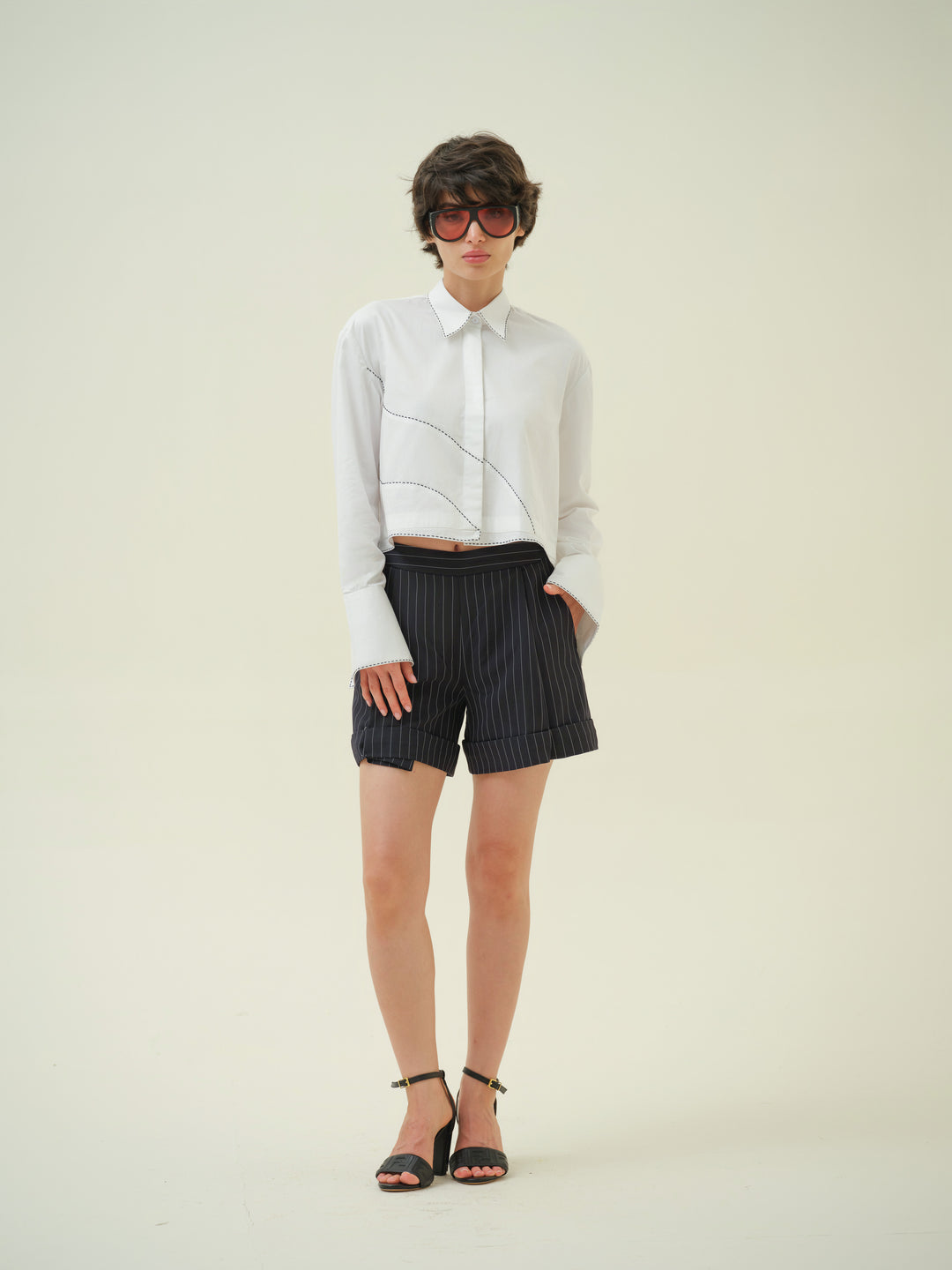 Eira - White Katha Stitch Crop Shirt