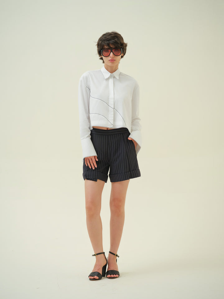 Eira - White Katha Stitch Crop Shirt